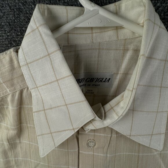 FABIO CAVIGLIA Italy Button Up Shirt Short Sleeve Cotton Size 4 Beige Check - Picture 10 of 16
